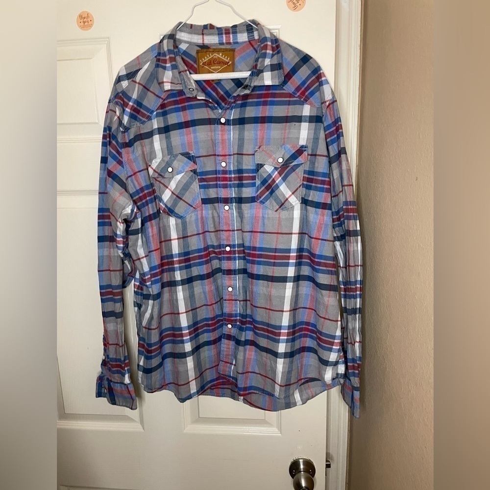Red Camel Flannel Shirt Lt gray/Blue/Red Plaid Cotton Men's XXL